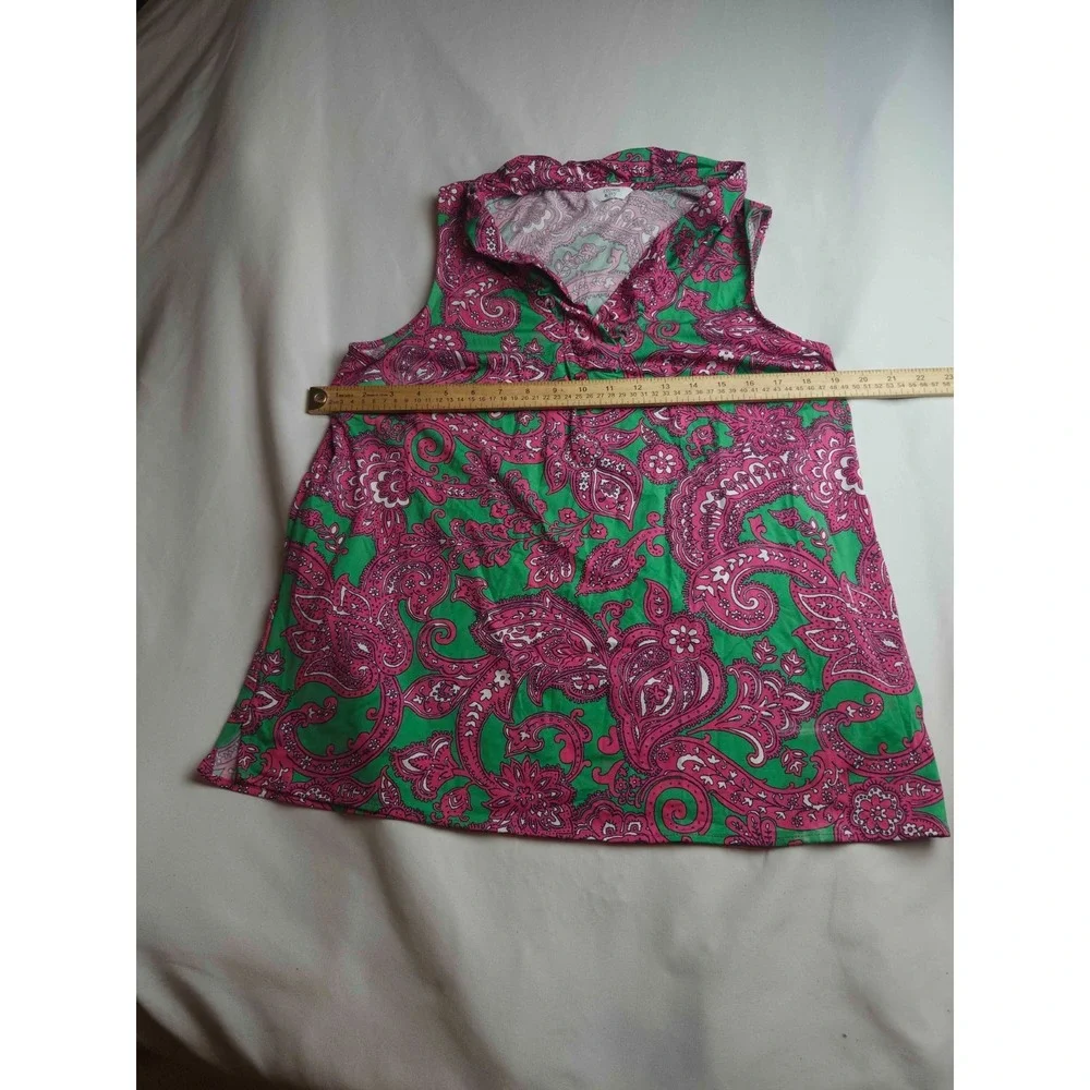 Crown & Ivy Top Womens L Green Pink Paisley Country Club Summer Resortwear